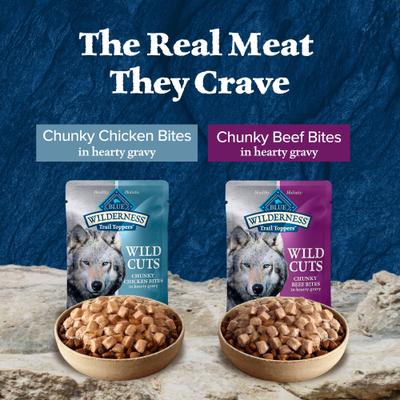 Show full view: Blue Buffalo Wilderness Trail Toppers Wild Cuts Chicken & Beef Flavors Variety Pack Wet Dog Food, 3-oz pouch, case of 12 slide 4 of 10