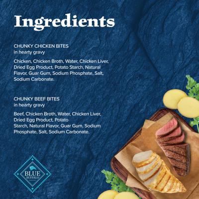 Show full view: Blue Buffalo Wilderness Trail Toppers Wild Cuts Chicken & Beef Flavors Variety Pack Wet Dog Food, 3-oz pouch, case of 12 slide 6 of 10