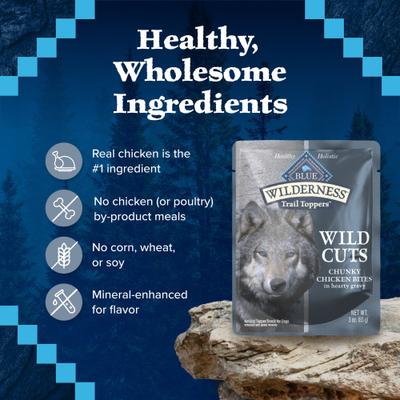Show full view: Blue Buffalo Wilderness Trail Toppers Wild Cuts Chunky Chicken Bites in Hearty Gravy Grain-Free Dog Food Topper, 3-oz, case of 24 slide 7 of 11