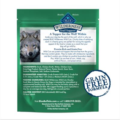 Show full view: Blue Buffalo Wilderness Trail Toppers Wild Cuts Chunky Duck Bites in Hearty Gravy Grain-Free Dog Food Topper, 3-oz, case of 24 slide 3 of 12