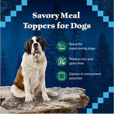 Show full view: Blue Buffalo Wilderness Trail Toppers Wild Cuts Chunky Duck Bites in Hearty Gravy Grain-Free Dog Food Topper, 3-oz, case of 24 slide 5 of 12