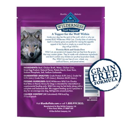 Show full view: Blue Buffalo Wilderness Trail Toppers Wild Cuts High-Protein & Grain-Free Chunky Beef Bites in Hearty Gravy Wet Dog Food, 3-oz, case of 24 slide 3 of 11
