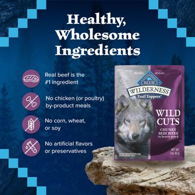 Show full view: Blue Buffalo Wilderness Trail Toppers Wild Cuts High-Protein & Grain-Free Chunky Beef Bites in Hearty Gravy Wet Dog Food, 3-oz, case of 24 slide 7 of 11