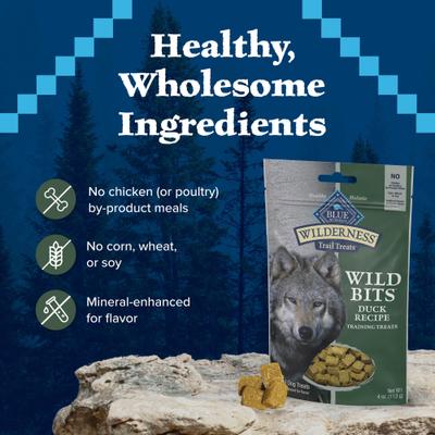 Show full view: Blue Buffalo Wilderness Trail Treats Duck Wild Bits Grain-Free Training Dog Treats, 4-oz bag slide 7 of 12
