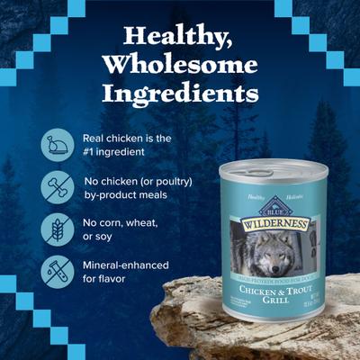 Show full view: Blue Buffalo Wilderness Trout & Chicken Grill Grain-Free Canned Dog Food, 12.5-oz, case of 12 slide 7 of 12