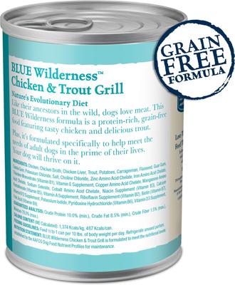 Show full view: Blue Buffalo Wilderness Trout & Chicken Grill Grain-Free Canned Dog Food, 12.5-oz, case of 12 slide 3 of 12