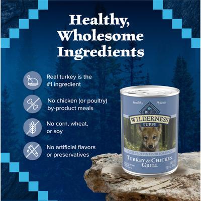 Show full view: Blue Buffalo Wilderness Turkey & Chicken Grill Grain-Free Puppy Canned Dog Food, 12.5-oz, case of 12 slide 7 of 12