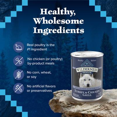 Show full view: Blue Buffalo Wilderness Turkey & Chicken Grill Grain-Free Senior Canned Dog Food, 12.5-oz, case of 12 slide 7 of 12