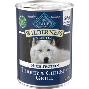 Blue Buffalo Wilderness Turkey & Chicken Grill Grain-Free Senior Canned Dog Food, 12.5-oz can, case of 12