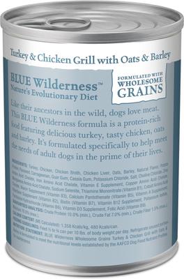 Show full view: Blue Buffalo Wilderness Turkey & Chicken Grill with Oats & Barley Adult Wet Dog Food, 12.5-oz can, case of 12 slide 3 of 11