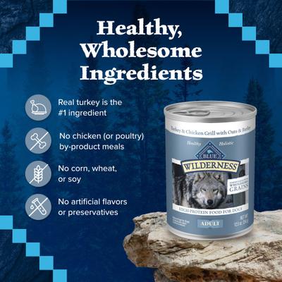 Show full view: Blue Buffalo Wilderness Turkey & Chicken Grill with Oats & Barley Adult Wet Dog Food, 12.5-oz can, case of 12 slide 7 of 11