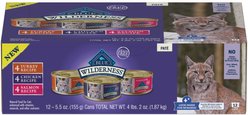 Blue Buffalo Wilderness Variety Pack Adult High Protein Natural Chicken, Salmon, Turkey Pate Wet Cat Food, 5.5-oz can, case of 12