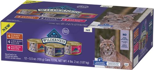 Show full view: Blue Buffalo Wilderness Variety Pack Adult High Protein Natural Chicken, Salmon, Turkey Pate Wet Cat Food, 5.5-oz can, case of 12 slide 4 of 8