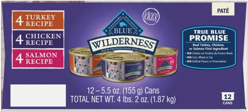 Show full view: Blue Buffalo Wilderness Variety Pack Adult High Protein Natural Chicken, Salmon, Turkey Pate Wet Cat Food, 5.5-oz can, case of 12 slide 5 of 8