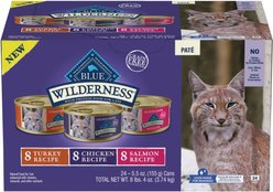Blue Buffalo Wilderness Variety Pack Adult High Protein Natural Chicken, Salmon, Turkey Pate Wet Cat Food, 5.5-oz can, case of 24