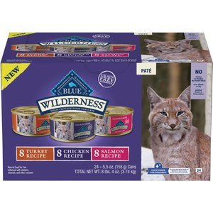 Blue Buffalo Wilderness Variety Pack Adult High Protein Natural Chicken, Salmon, Turkey Pate Wet Cat Food, 5.5-oz can, case of 24