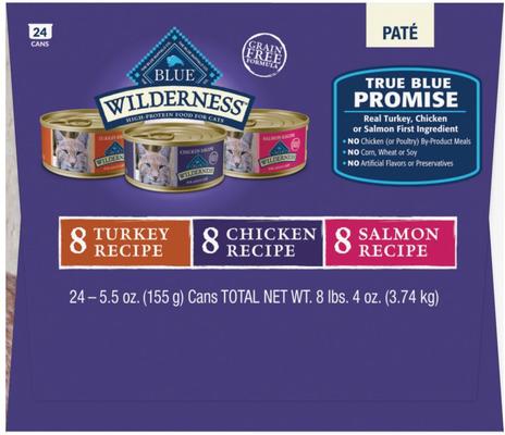 Show full view: Blue Buffalo Wilderness Variety Pack Adult High Protein Natural Chicken, Salmon, Turkey Pate Wet Cat Food, 5.5-oz can, case of 24 slide 5 of 8