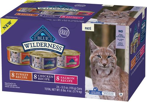 Show full view: Blue Buffalo Wilderness Variety Pack Adult High Protein Natural Chicken, Salmon, Turkey Pate Wet Cat Food, 5.5-oz can, case of 24 slide 4 of 8