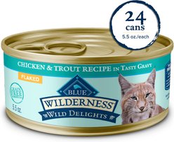 Blue Buffalo Wilderness Wild Delights Adult Chicken & Trout Recipe in Tasty Gravy High-Protein Grain-Free Flaked Wet Cat Food, 5.5-oz can, 24 count