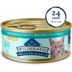 Blue Buffalo Wilderness Wild Delights Adult Chicken & Trout Recipe in Tasty Gravy High-Protein Grain-Free Flaked Wet Cat Food, 5.5-oz can, 24 count