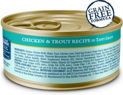 Blue Buffalo Wilderness Wild Delights Adult Chicken & Trout Recipe in Tasty Gravy High-Protein Grain-Free Flaked Wet Cat Food, 5.5-oz can, 24 count slide 2 of 9
