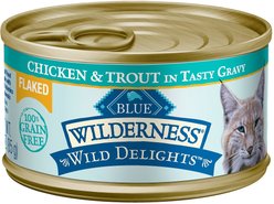 Blue Buffalo Wilderness Wild Delights Adult Chicken & Trout Recipe in Tasty Gravy High-Protein Grain-Free Flaked Wet Cat Food, 5.5-oz can, case of 4