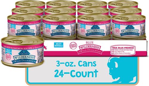 Show full view: Blue Buffalo Wilderness Wild Delights Chicken & Salmon in Tasty Gravy Grain-Free Canned Cat Food, 3-oz, case of 24 slide 3 of 10