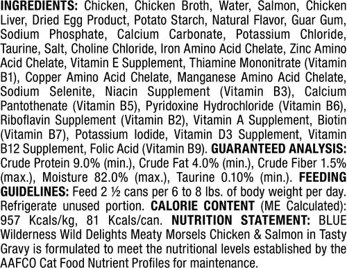 Show full view: Blue Buffalo Wilderness Wild Delights Chicken & Salmon in Tasty Gravy Grain-Free Canned Cat Food, 3-oz, case of 24 slide 4 of 10