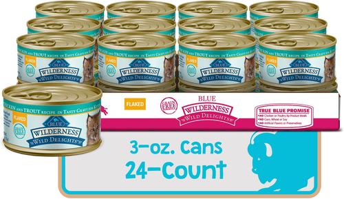 Show full view: Blue Buffalo Wilderness Wild Delights Flaked Chicken & Trout in Tasty Gravy for Kittens Grain-Free Canned Cat Food, 3-oz, case of 24 slide 3 of 10