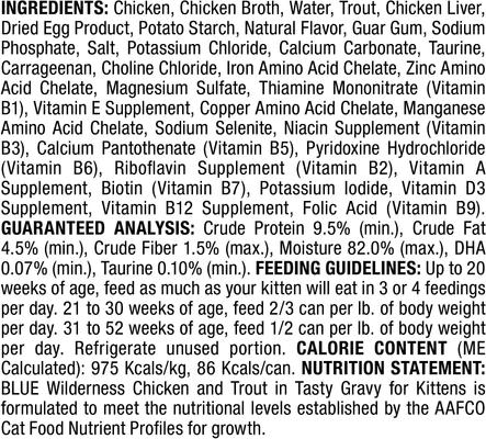 Show full view: Blue Buffalo Wilderness Wild Delights Flaked Chicken & Trout in Tasty Gravy for Kittens Grain-Free Canned Cat Food, 3-oz, case of 24 slide 4 of 10