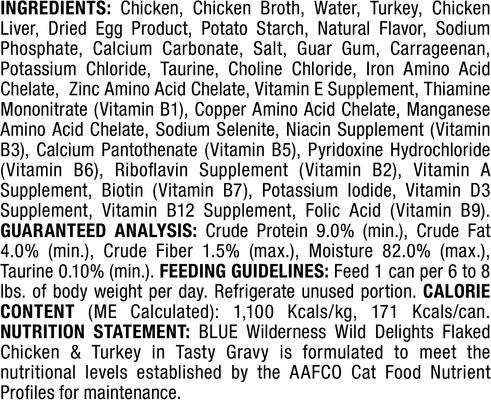 Show full view: Blue Buffalo Wilderness Wild Delights Flaked Chicken & Turkey Grain-Free Canned Cat Food, 5.5-oz, case of 24 slide 4 of 10