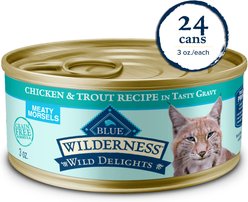 Blue Buffalo Wilderness Wild Delights Meaty Morsels Chicken & Trout Recipe in Tasty Gravy High-Protein Grain-Free Wet Cat Food, 3-oz can, 24 count