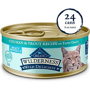 Blue Buffalo Wilderness Wild Delights Meaty Morsels Chicken & Trout Recipe in Tasty Gravy High-Protein Grain-Free Wet Cat Food, 3-oz can, 24 count