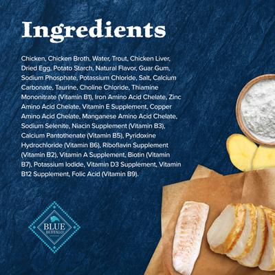 Show full view: Blue Buffalo Wilderness Wild Delights Meaty Morsels Chicken & Trout Recipe in Tasty Gravy High-Protein Grain-Free Wet Cat Food, 3-oz can, 24 count slide 6 of 12