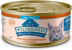 Blue Buffalo Wilderness Wild Delights Meaty Morsels Chicken & Turkey Recipe in Gravy High-Protein Grain-Free Canned Cat Food, 3-oz, case of 24