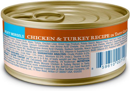 Show full view: Blue Buffalo Wilderness Wild Delights Meaty Morsels Chicken & Turkey Recipe in Gravy High-Protein Grain-Free Canned Cat Food, 3-oz, case of 24 slide 3 of 12