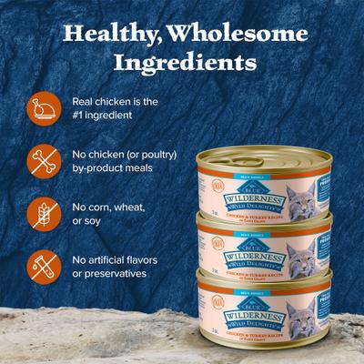 Show full view: Blue Buffalo Wilderness Wild Delights Meaty Morsels Chicken & Turkey Recipe in Gravy High-Protein Grain-Free Canned Cat Food, 3-oz, case of 24 slide 7 of 12