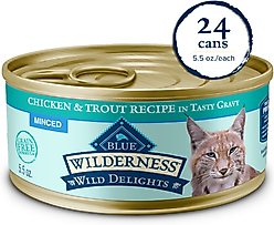 Blue Buffalo Wilderness Wild Delights Minced Chicken & Trout Recipe in Tasty Gravy High-Protein Grain-Free Wet Cat Food, 5.5-oz can, 24 count