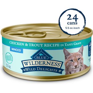 Blue Buffalo Wilderness Wild Delights Minced Chicken & Trout Recipe in Tasty Gravy High-Protein Grain-Free Wet Cat Food, 5.5-oz can, 24 count