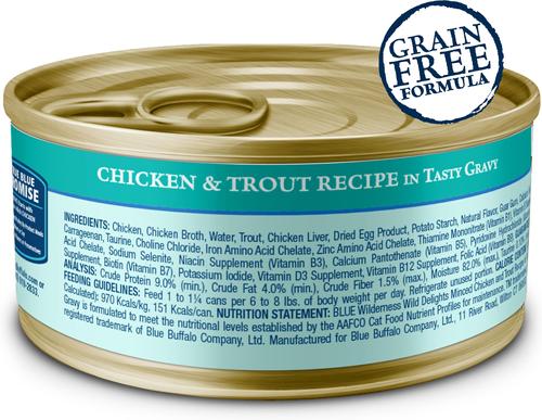 Show full view: Blue Buffalo Wilderness Wild Delights Minced Chicken & Trout Recipe in Tasty Gravy High-Protein Grain-Free Wet Cat Food, 5.5-oz can, 24 count slide 3 of 12