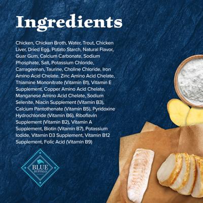 Show full view: Blue Buffalo Wilderness Wild Delights Minced Chicken & Trout Recipe in Tasty Gravy High-Protein Grain-Free Wet Cat Food, 5.5-oz can, 24 count slide 6 of 12