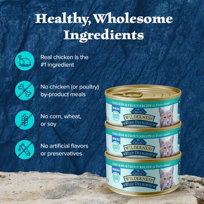 Show full view: Blue Buffalo Wilderness Wild Delights Minced Chicken & Trout Recipe in Tasty Gravy High-Protein Grain-Free Wet Cat Food, 5.5-oz can, 24 count slide 7 of 12