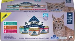 Blue Buffalo Wilderness Wild Delights Variety Pack Adult High Protein Grain-Free Natural Chicken & Turkey, Chicken & Trout, Chicken & Salmon in Tasty Gravy Wet Cat Food, 3-oz can, case of 12