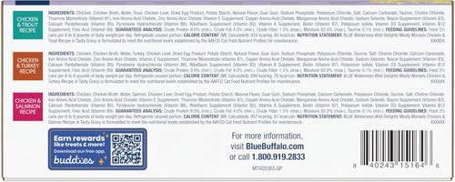 Show full view: Blue Buffalo Wilderness Wild Delights Variety Pack Adult High Protein Grain-Free Natural Chicken & Turkey, Chicken & Trout, Chicken & Salmon in Tasty Gravy Wet Cat Food, 3-oz can, case of 12 slide 3 of 8