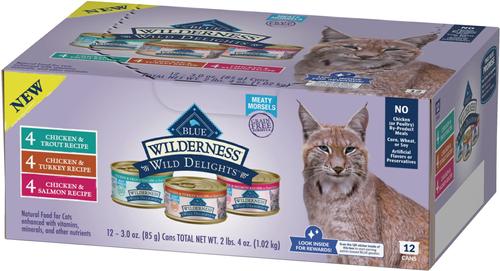 Show full view: Blue Buffalo Wilderness Wild Delights Variety Pack Adult High Protein Grain-Free Natural Chicken & Turkey, Chicken & Trout, Chicken & Salmon in Tasty Gravy Wet Cat Food, 3-oz can, case of 12 slide 4 of 8