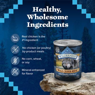 Show full view: Blue Buffalo Wilderness Wolf Creek Stew Chunky Chicken Stew Grain-Free Adult Canned Dog Food, 12.5-oz, case of 12 slide 7 of 11