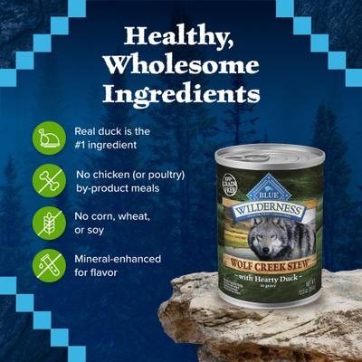 Show full view: Blue Buffalo Wilderness Wolf Creek Stew Hearty Duck Stew Grain-Free Adult Canned Dog Food, 12.5-oz, case of 12 slide 7 of 12