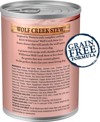 Show full view: Blue Buffalo Wilderness Wolf Creek Stew High-Protein & Grain-Free Hearty Beef in Gravy Wet Dog Food, 12.5-oz can, case of 12 slide 3 of 12