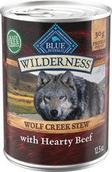 Blue Buffalo Wilderness Wolf Creek Stew High-Protein & Grain-Free Hearty Beef in Gravy Wet Dog Food, 12.5-oz can, case of 12