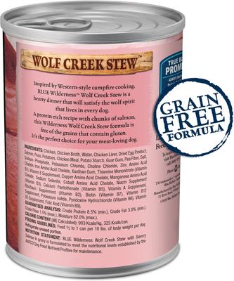 Show full view: Blue Buffalo Wilderness Wolf Creek Stew Savory Salmon Stew Grain-Free Adult Canned Dog Food, 12.5-oz, case of 12 slide 3 of 12